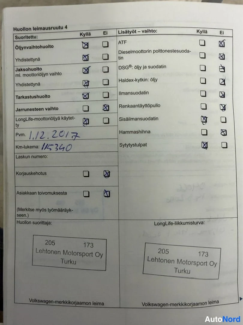 Muu: Huoltokirjan leimasinruutu 4 käsin täytettynä, huolto 1.12.2017, 115340 km.