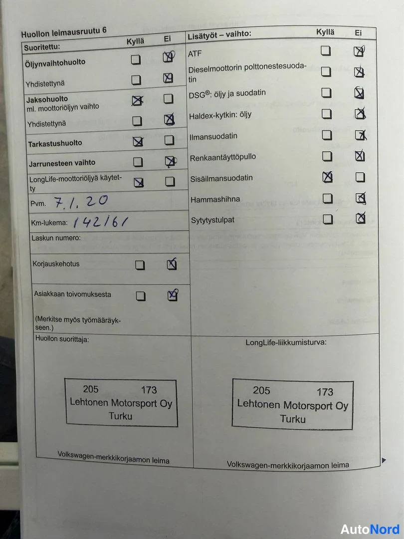 Muu: Huoltokirjan leimausrutu 6: öljynvaihtohuolto ja tarkastushuolto rastitettu, päiväys 7.1.20, km-lukema 142161, leima Lehtonen Motorsport Oy Turku.