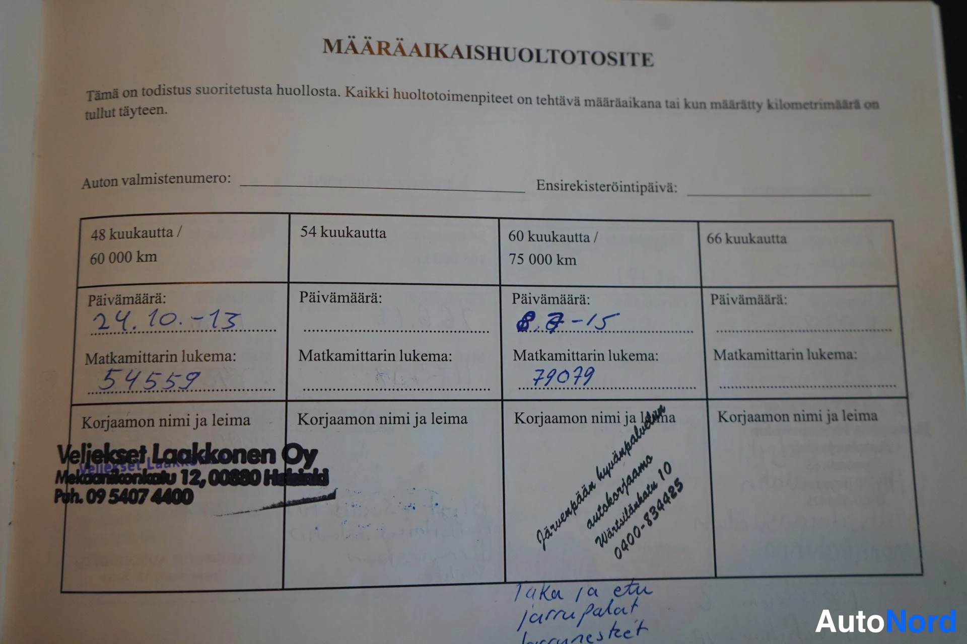 Asiakirja: Määräaikaishuoltotosite, merkinnät vuosilta 2013 ja 2015, Veijeksi Laakkonen Oy -leima.