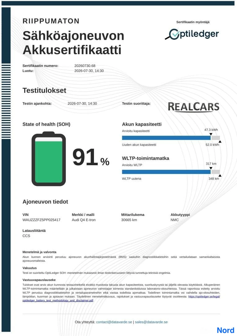 Asiakirja: Optiedgerin sähköajoneuvon akkusertificaatti, jossa State of Health 91 %, akun kapasiteetti 47,3/52,0 kWh ja WLTP-toimintamatka 317/348 km.