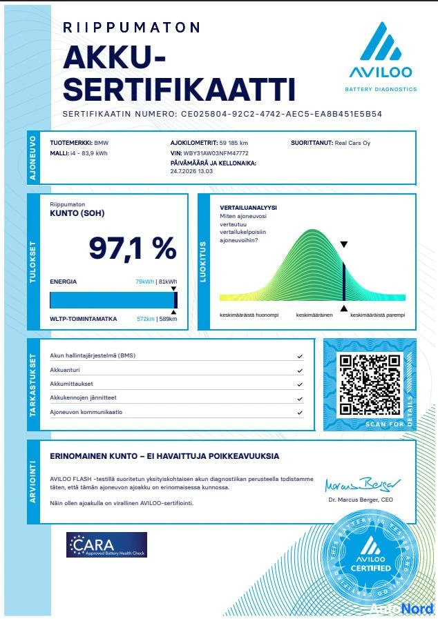 Muu: Aviloo akkusertifikaatti, jossa kunto (SOH) 97,1 %.