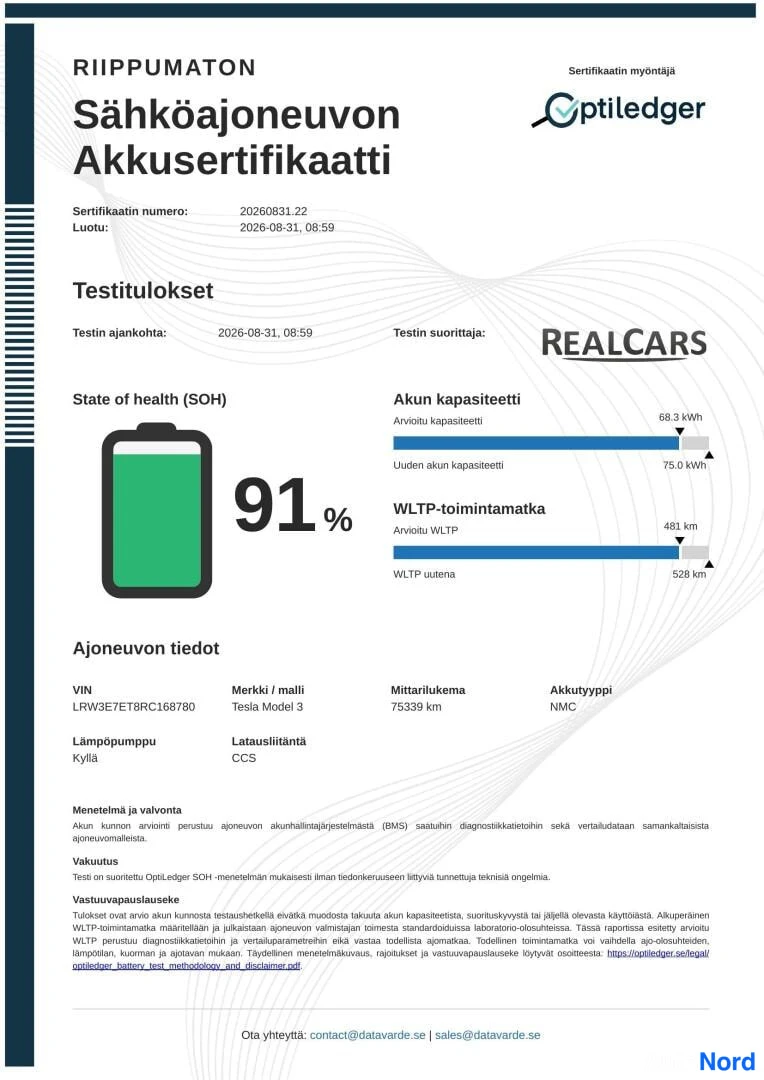 Asiakirja: Sähköajoneuvon akkusertifaatti, testitulokset ja ajoneuvon tiedot.