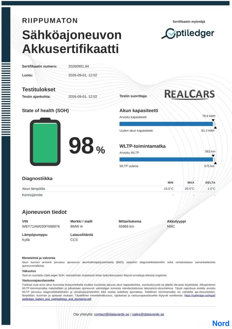Asiakirja: Sähköajoneuvon akkusertifikaatti Optiedgerilta, SOH 98 %, ajettu 55 966 km
