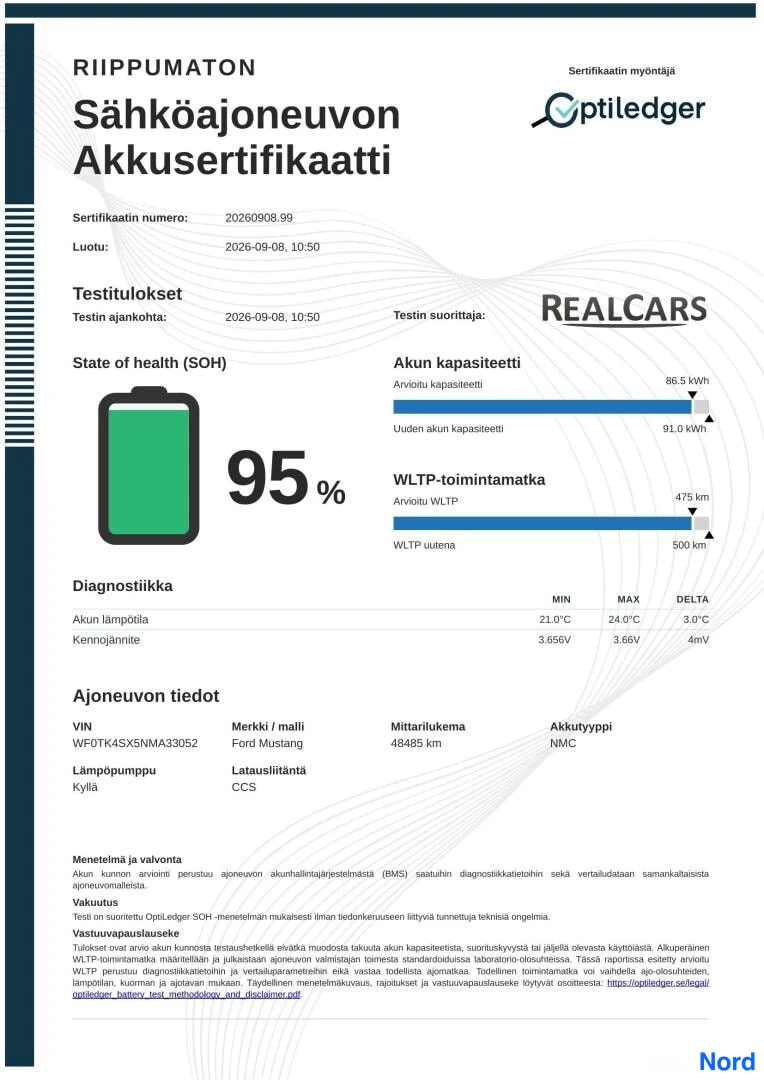 Asiakirja: Riippumaton sähköajoneuvon akkusertifikaatti, SOH 95 %.