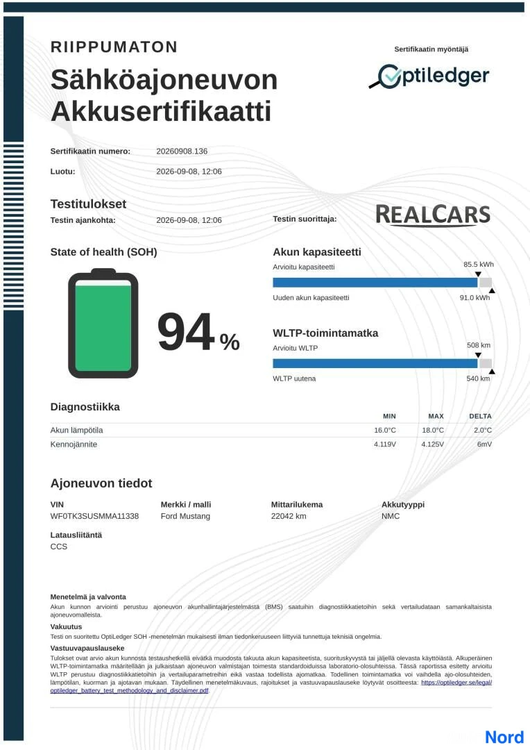Asiakirja: Sähköajoneuvon akkusertifikaatti: State of Health 94 %, akun kapasiteetti 85,5 kWh, WLTP-toimintamatka 508 km, ajoneuvon tiedot ja testitulokset.