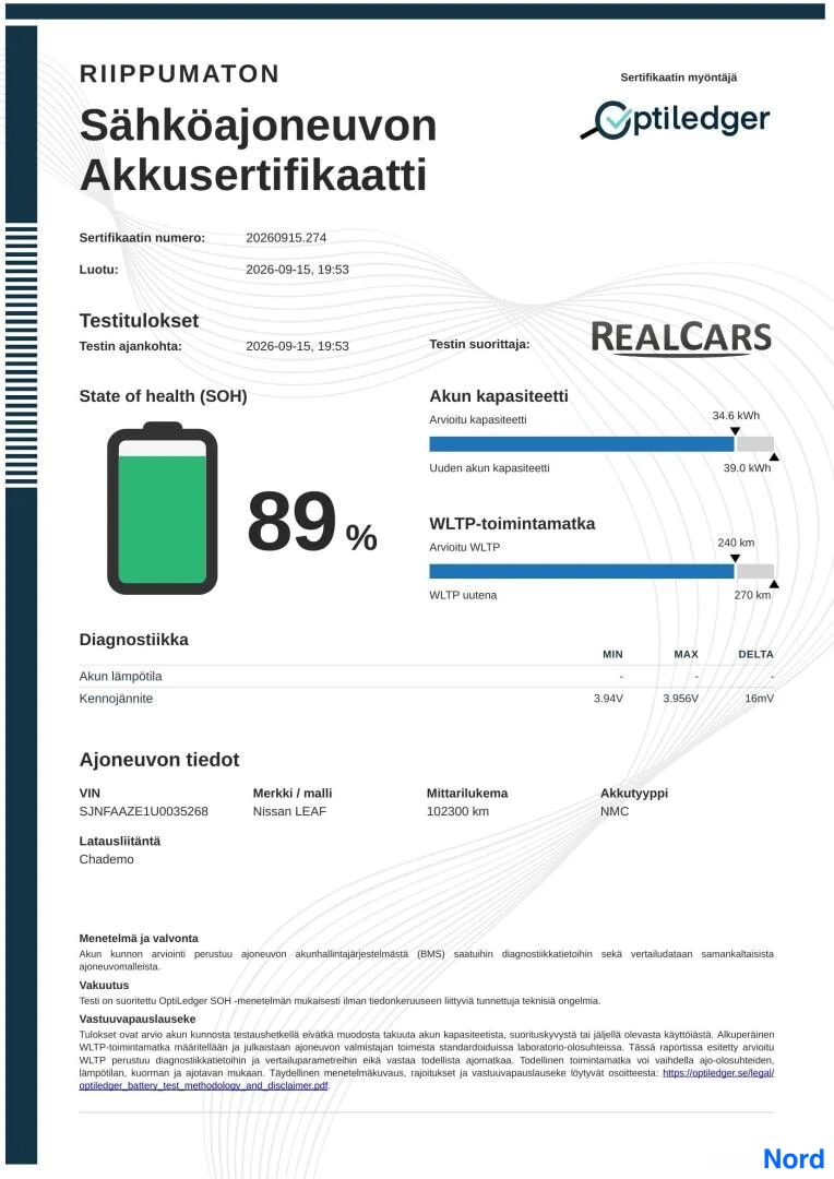 Asiakirja: Sähköajoneuvon akkusertifikaatti: State of Health 89 %, akun kapasiteetti 34,6 kWh, WLTP-toimintamatka 240 km, Nissan LEAF, mittarilukema 102300 km.