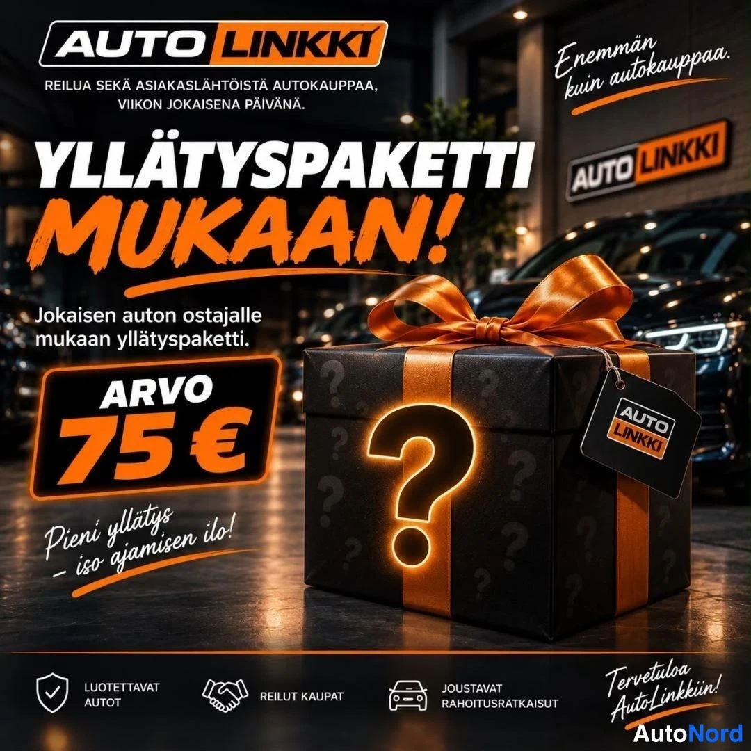 Muu: Mainoskuva: musta lahjapaketti oranssilla nauhalla ja kysymysmerkillä, taustalla pimeä autotila ja Auto Linkki -logo.