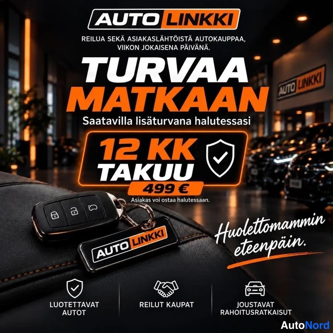 Muu: Mainoskuva: auton avaimet ja Auto Linkki -avainnappi mustan autonsisäverhoilun päällä, taustalla autotila.