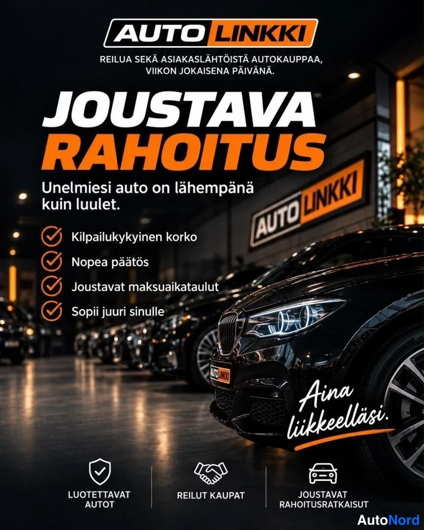 Edestä: Markkinointikuva Autolinkki-liikkeen tummasta autosta tekstillä Joustava rahoitus.