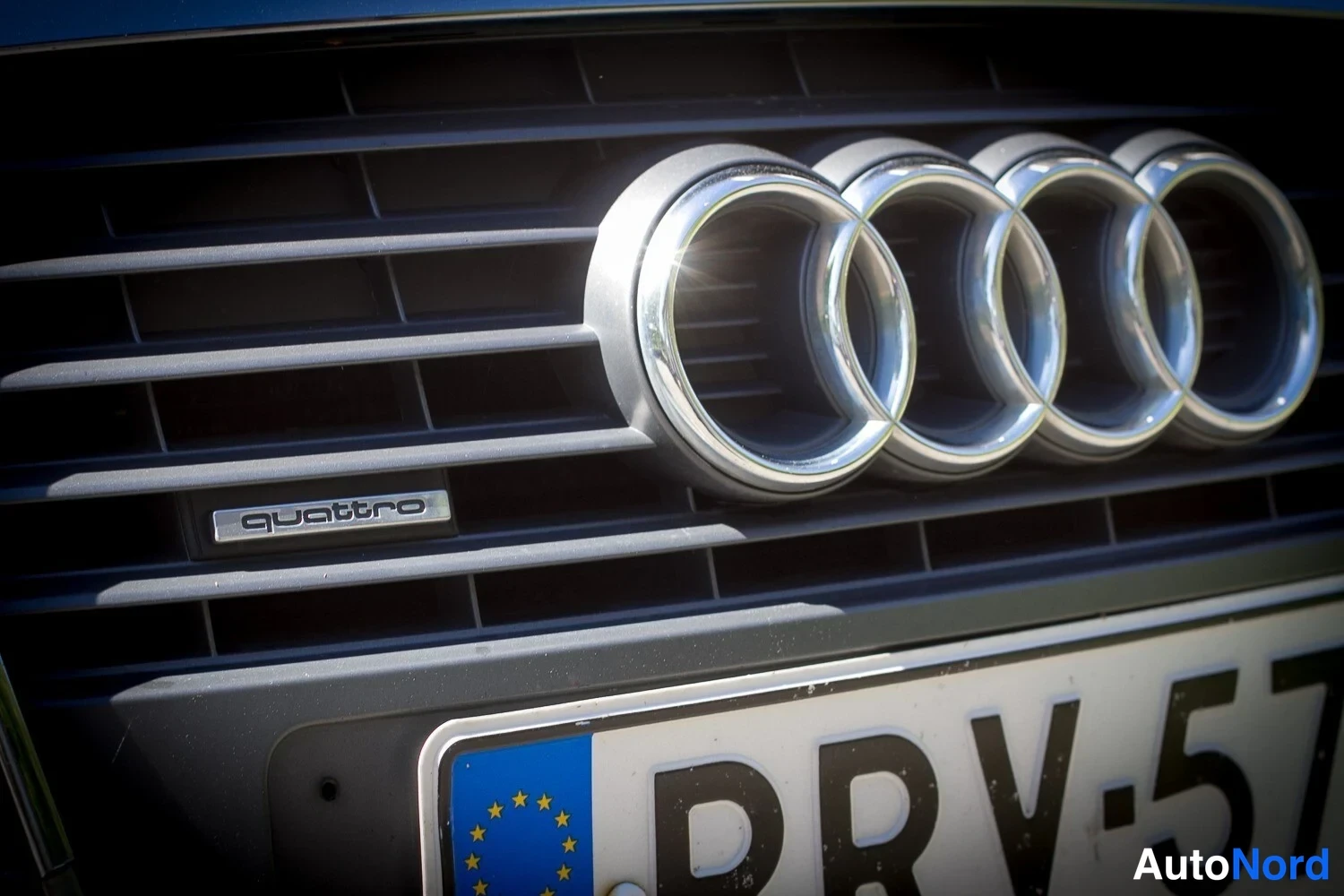 Yksityiskohta: Close-up detail of the front grille showing the four-ring logo and a 'quattro' badge below it.