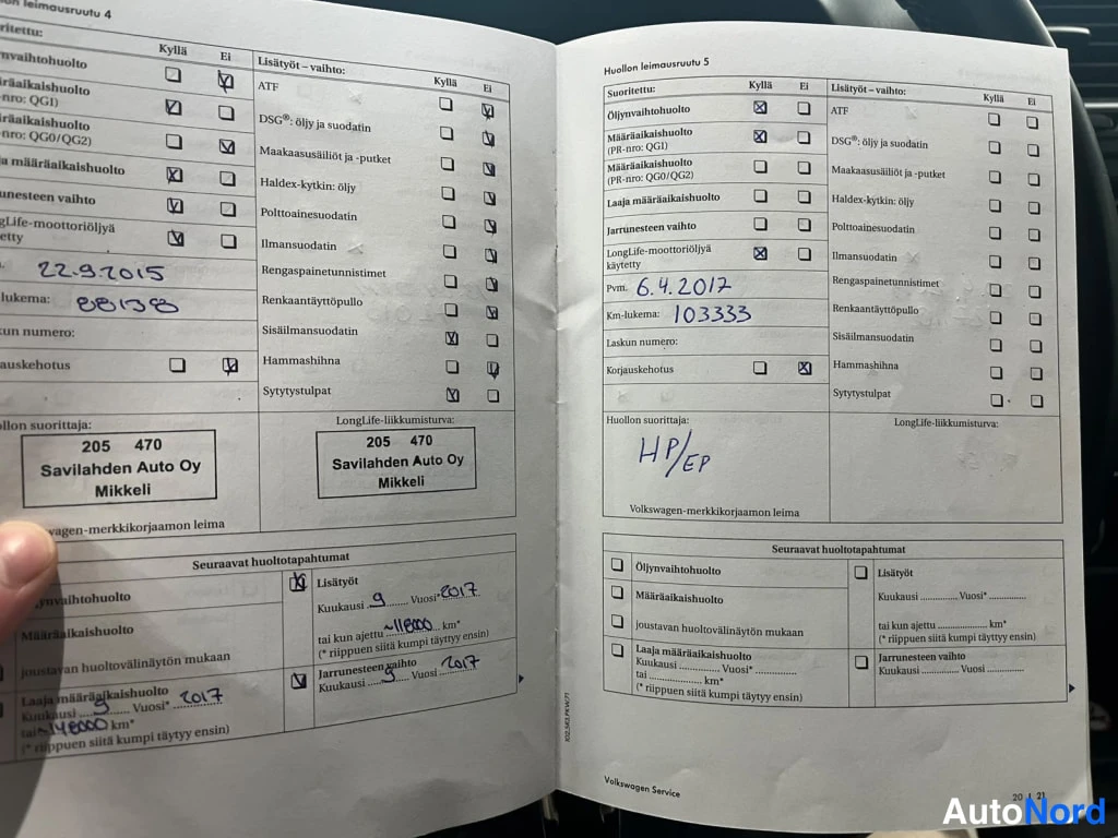 Asiakirja: Huoltokirjan sivut 20–21, merkinnät 22.9.2015 (88 138 km, Savilahden Auto Oy Mikkeli) ja 6.4.2017 (103 333 km, HP/EP)