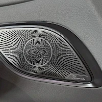 Yksityiskohta: Close-up detail of a tweeter speaker grille on the door panel. The grille has a metallic mesh texture and is set into grey leather with stitching.