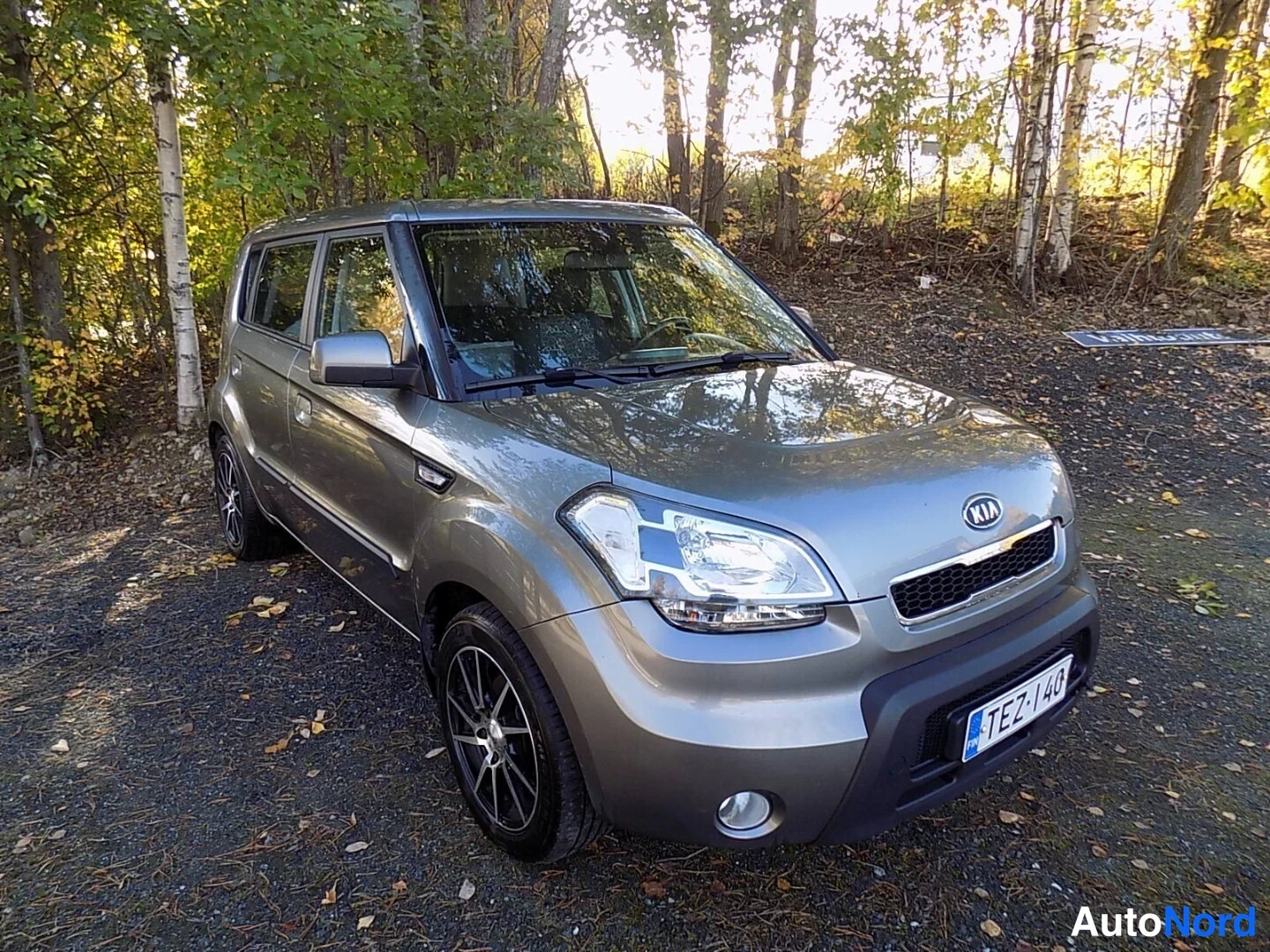 Etuviisto, nokka oikealle: Kia Soul etukulmasta oikealta, Kia-merkki ja etupuskuri harmaalla korilla metsätaustassa.