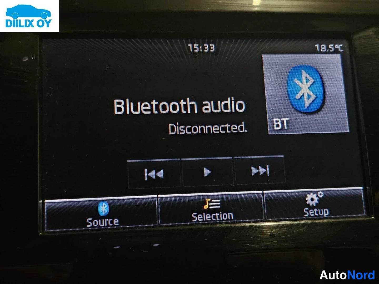 Yksityiskohta: Infotainment-näytön lähikuva, jossa on valittu Bluetooth audio -lähde ja teksti Disconnected. Näytön yläreunassa kello 15:33 ja lämpötila 18,5 °C, alareunassa S