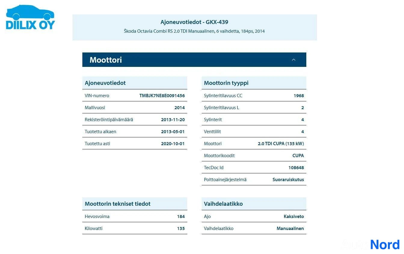 Asiakirja: Dokumentti: Diilix Oy:n ajoneuvotiedot, Škoda Octavia Combi RS 2.0 TDI 2014, moottorin ja vaihdelaatikon tekniset tiedot.