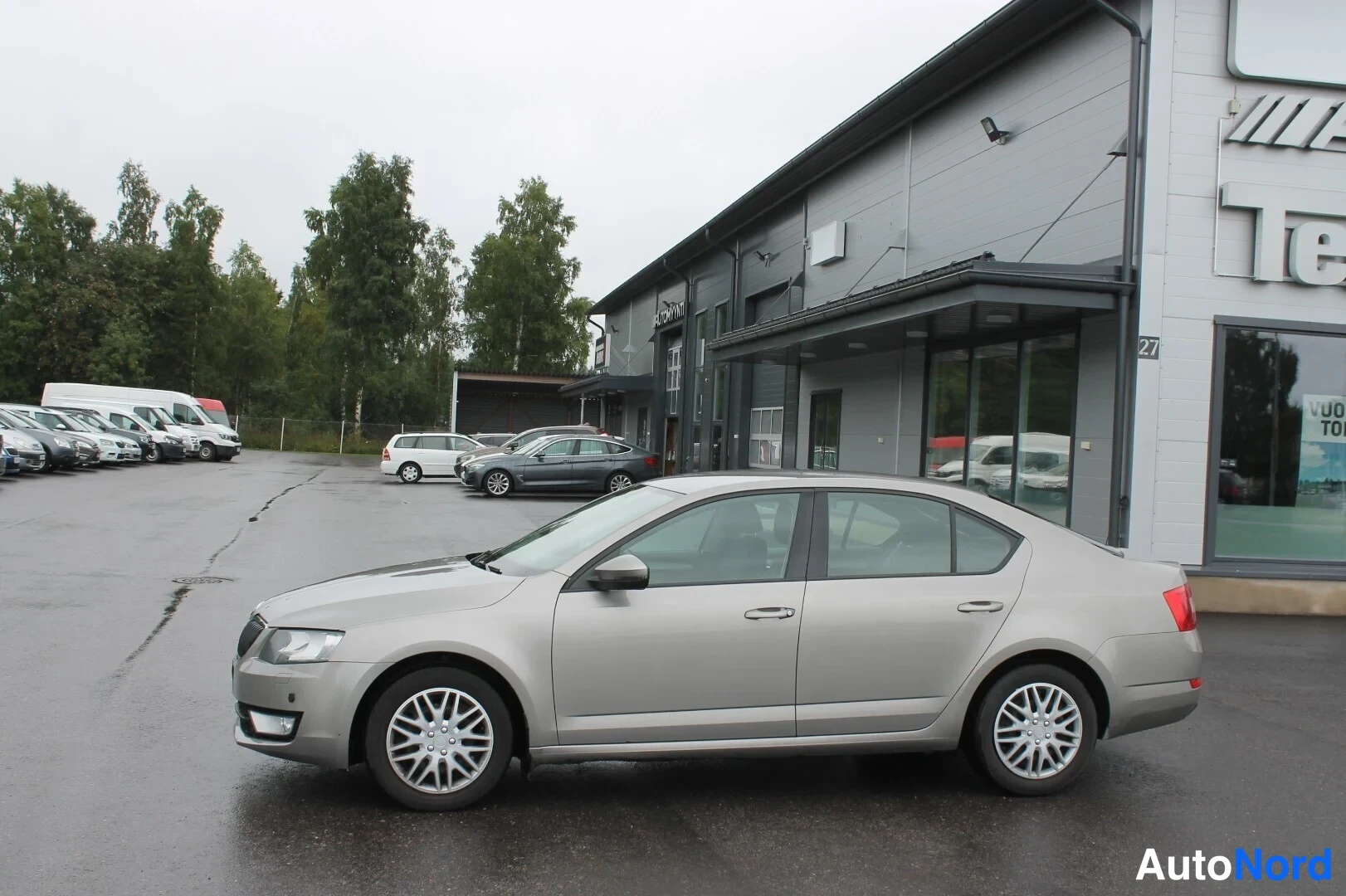 Etuviisto, nokka vasemmalle: Hopeanharmaa Skoda Octavia -sedan etukenokuva, keula vasemmalla, parkkipaikalla liikerakennuksen edustalla.