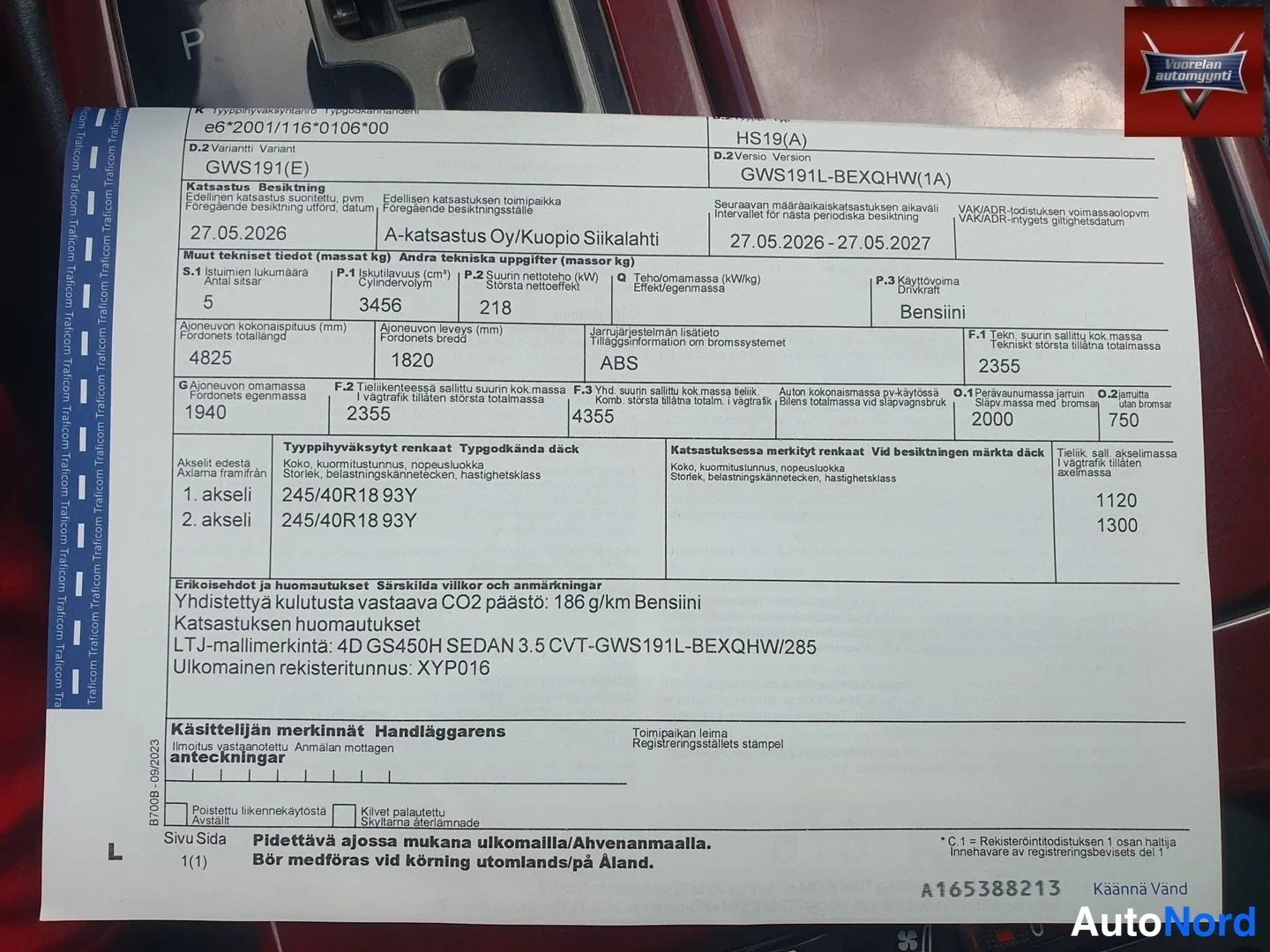 Muu: Ajoneuvon rekisteri-ilmoitus (Ahvenanmaan Tricomi Traktor) Lexus GS 191(E), GWS191L-BEXQHW, A-katsastus suoritettu 27.05.2026 Kuoopion Sikalati -tarkastusasemal