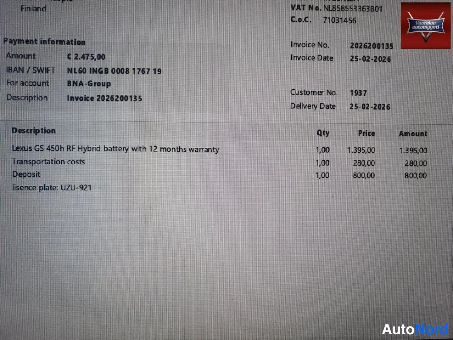 Asiakirja: Näytöltä valokattu lasku: kohteena Lexus GS 450h:n RF-hybridin akku 12 kuukauden takuulla (1 395,00 €), yhteissumma 2 475,00 €, maksu tilille NL60 INGB 0008 176