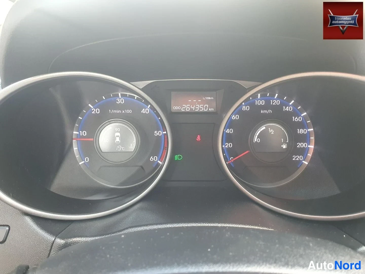 Yksityiskohta: Mittariston lähikuva: nopeusmittari asteikolla 0–220 km/h ja kierrosmittari keskissä LCD-näyttö, jossa lukee ODO 264350 km; polttoainemittari osoittaa noin puol