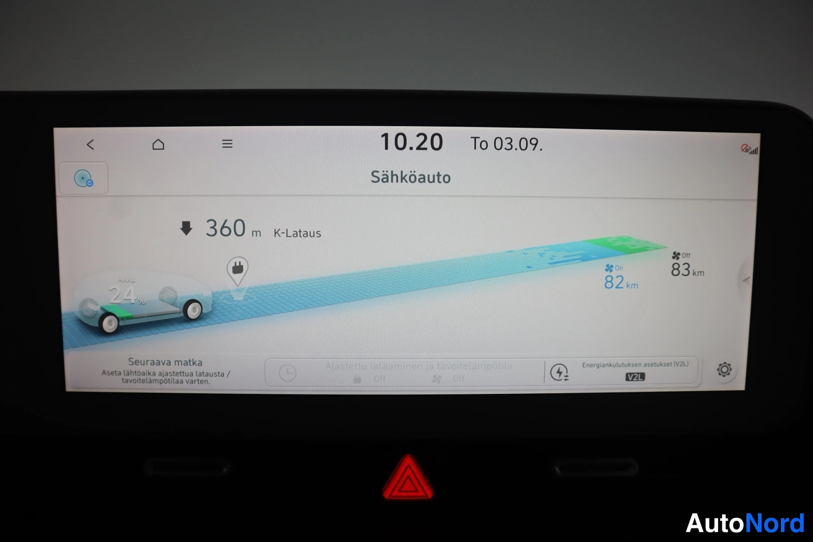 Yksityiskohta: Infotainment-näytön sähköautosivu näyttää 360 m etäisyyden K-Lataus-pikalatauspisteeseen, akun varauksen 24 % sekä arvioidut 82 km ja 83 km ajomatkat.