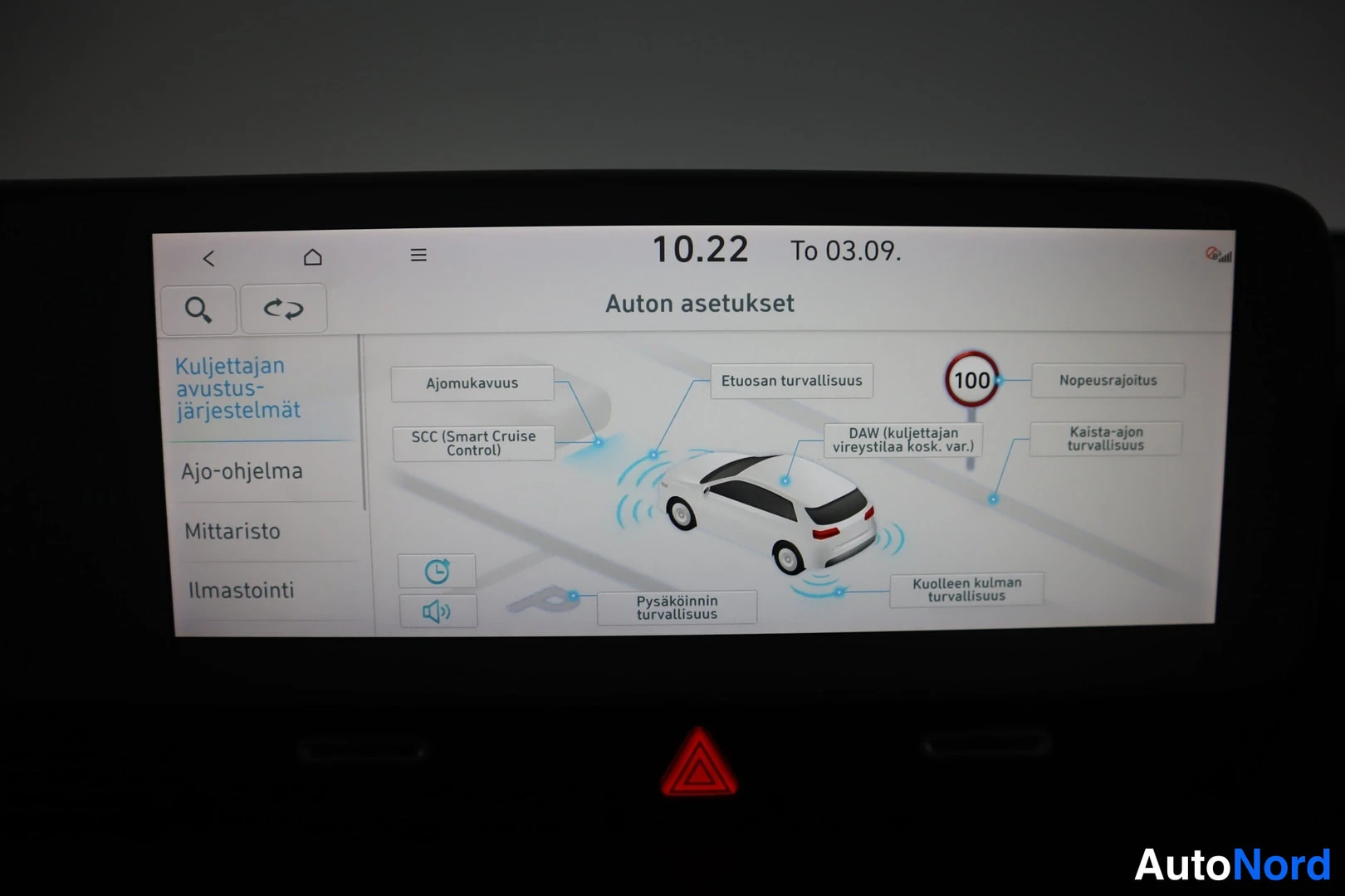 Muu: Infotainment-näytön Auton asetukset -valikko Kuljettajan avustusjärjestelmät: SCC (Smart Cruise Control), DAW, Nopeusrajoitus, Kaista-ajon turvallisuus ja Pysäk