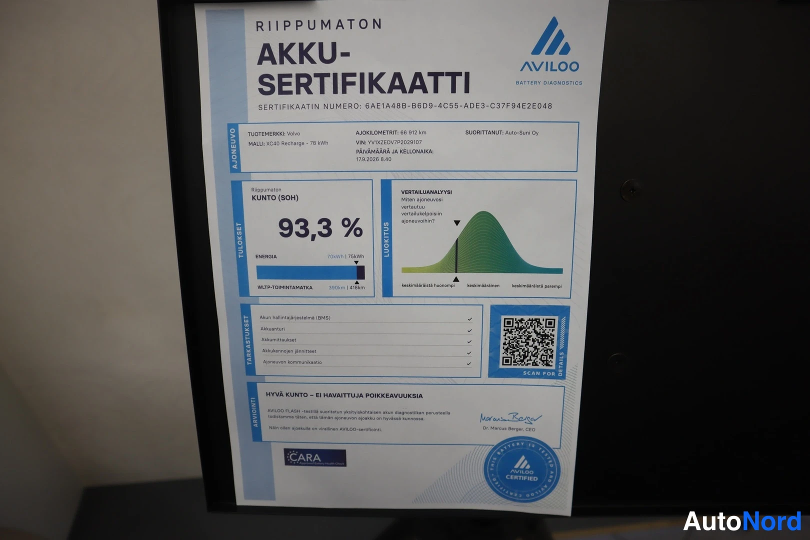 Muu: Aviloo-akkusertifikaatti näytöllä, kunto 93,3 %