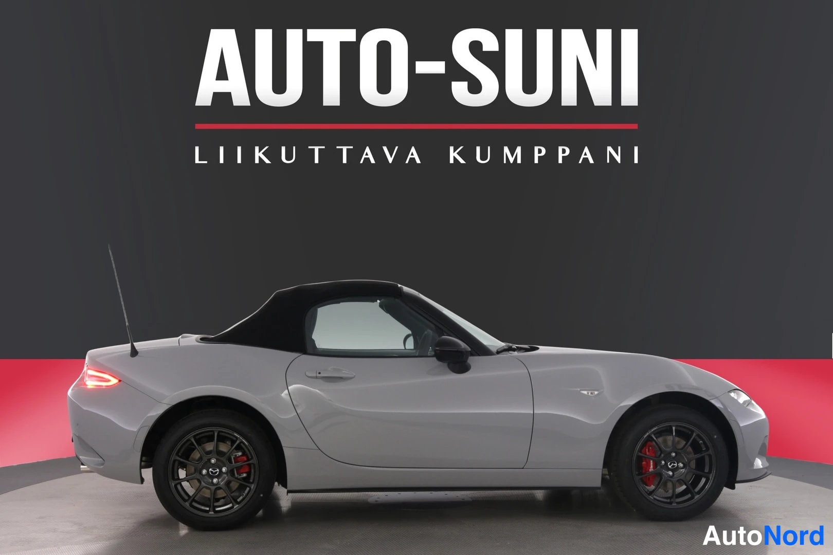 Sivulta: Sivukulma kuvattuna autosta, harmaat koripaneet, musta katto ja mustat vanteet.