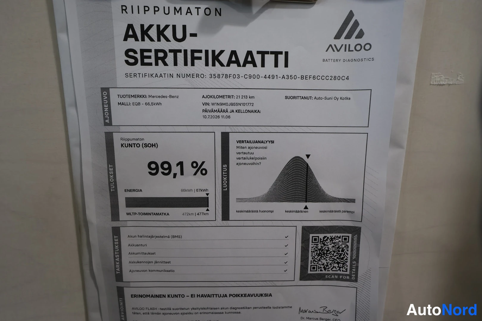 Sivulta: AVILOO Akku-sertifikaatti: Mercedes-Benzin akun kunto 99,1 %.