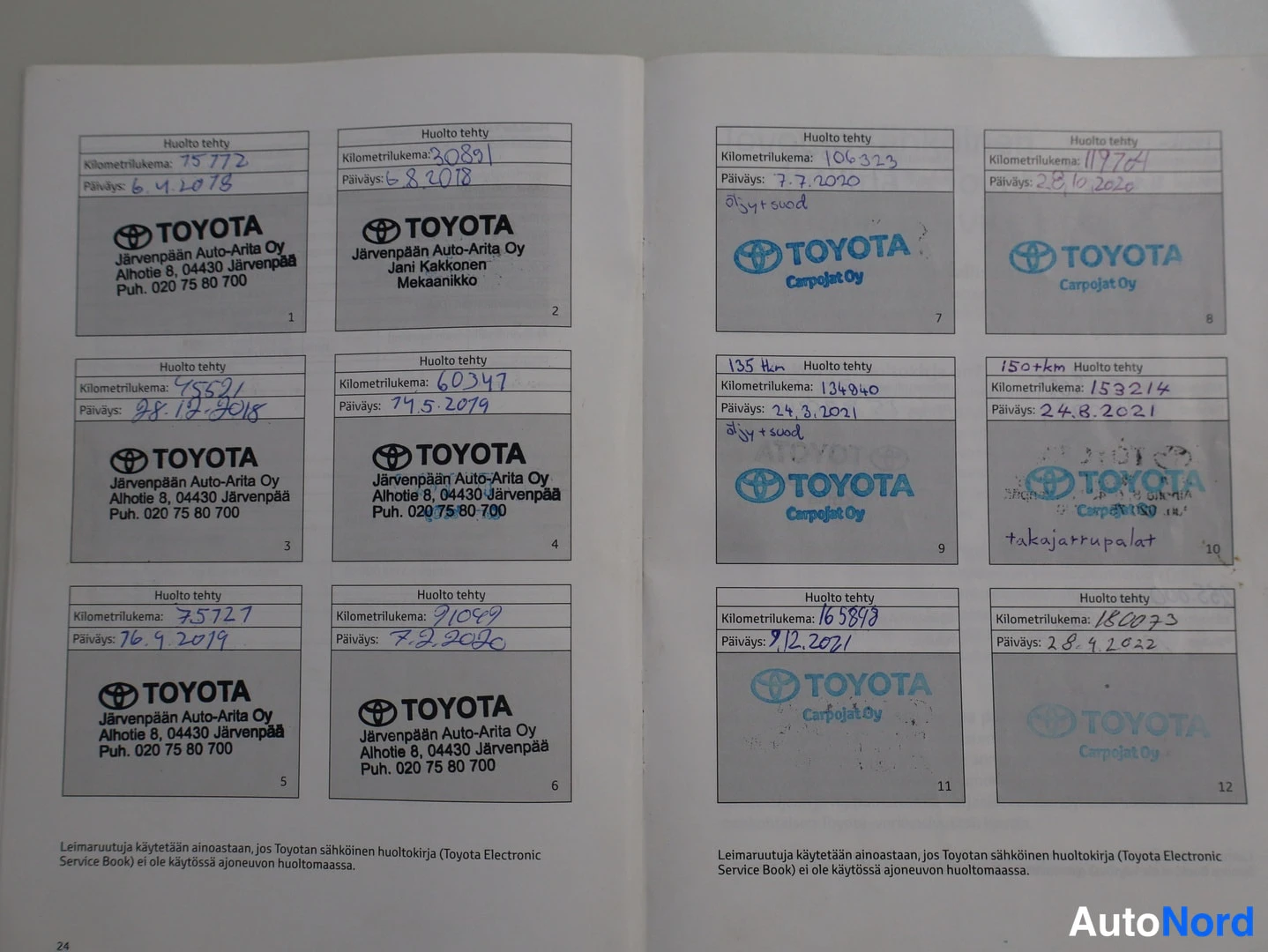 Yksityiskohta: Auki avattu Toyota-huoltokirja käsin kirjoitetuilla huoltomerkinnöillä