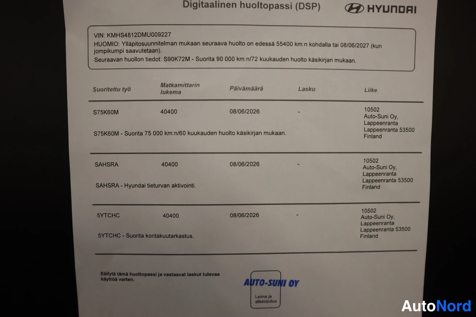 Asiakirja: Hyundai Digitalinen huoltopassi (DSP): huoltotiedot 40 400 km:llä 08.06.2026, Auto-Suni Oy Lappeenranta; seuraava huolto 55400 km tai 08/06/2027.