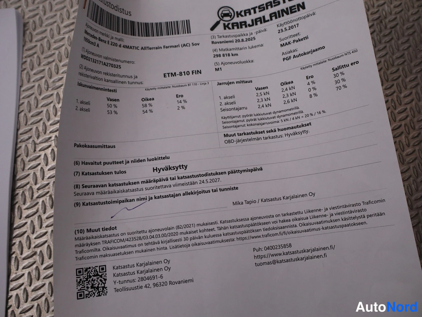 Muu: Katsastustodistus FIN, hyväksytty katsastus 20.8.2025.