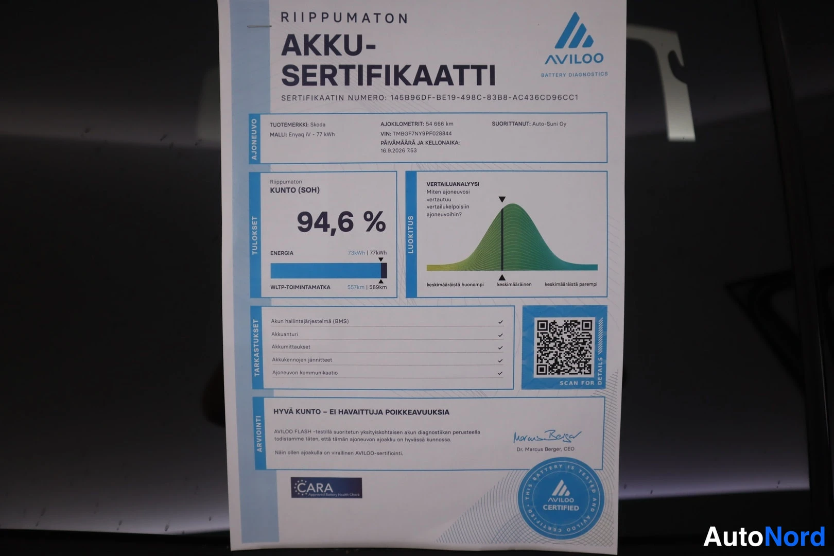 Asiakirja: Avilooin itsenäinen akkusertifikaatti, jossa lukee kunto (SOH) 94,6 %.