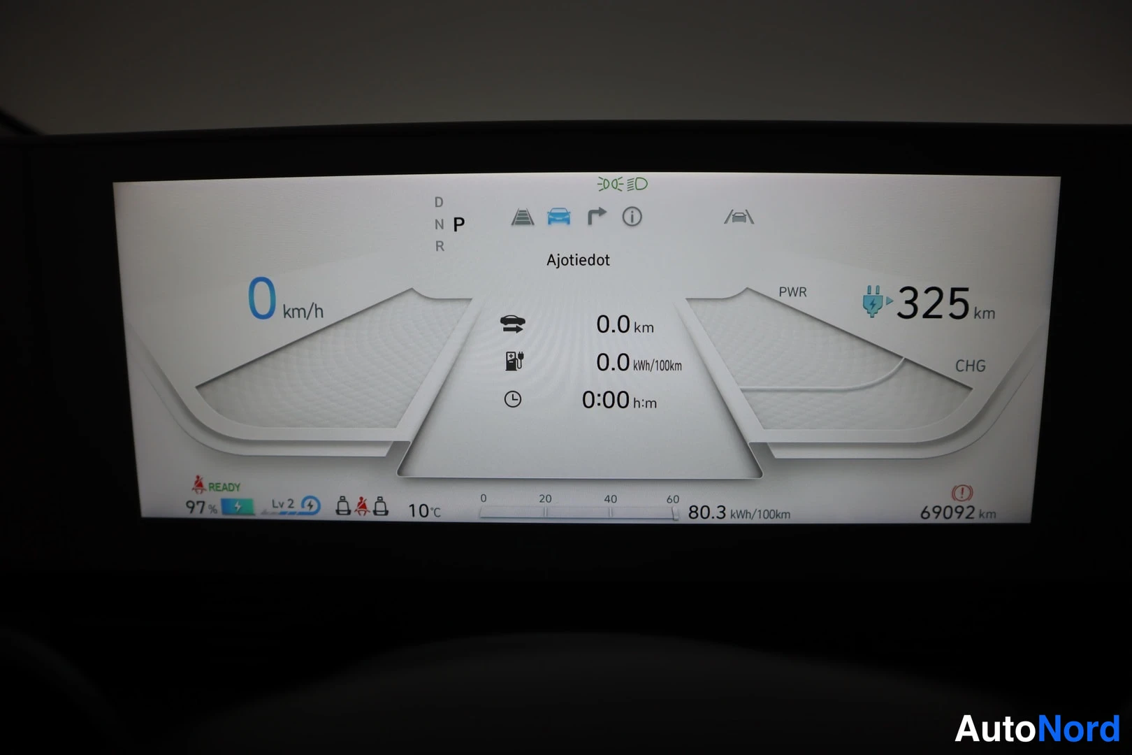 Yksityiskohta: Hyundai IONIQ 5:n digitaalinen kojetaulu, jossa 69092 km kokonaislukema ja 325 km toimintasäde.