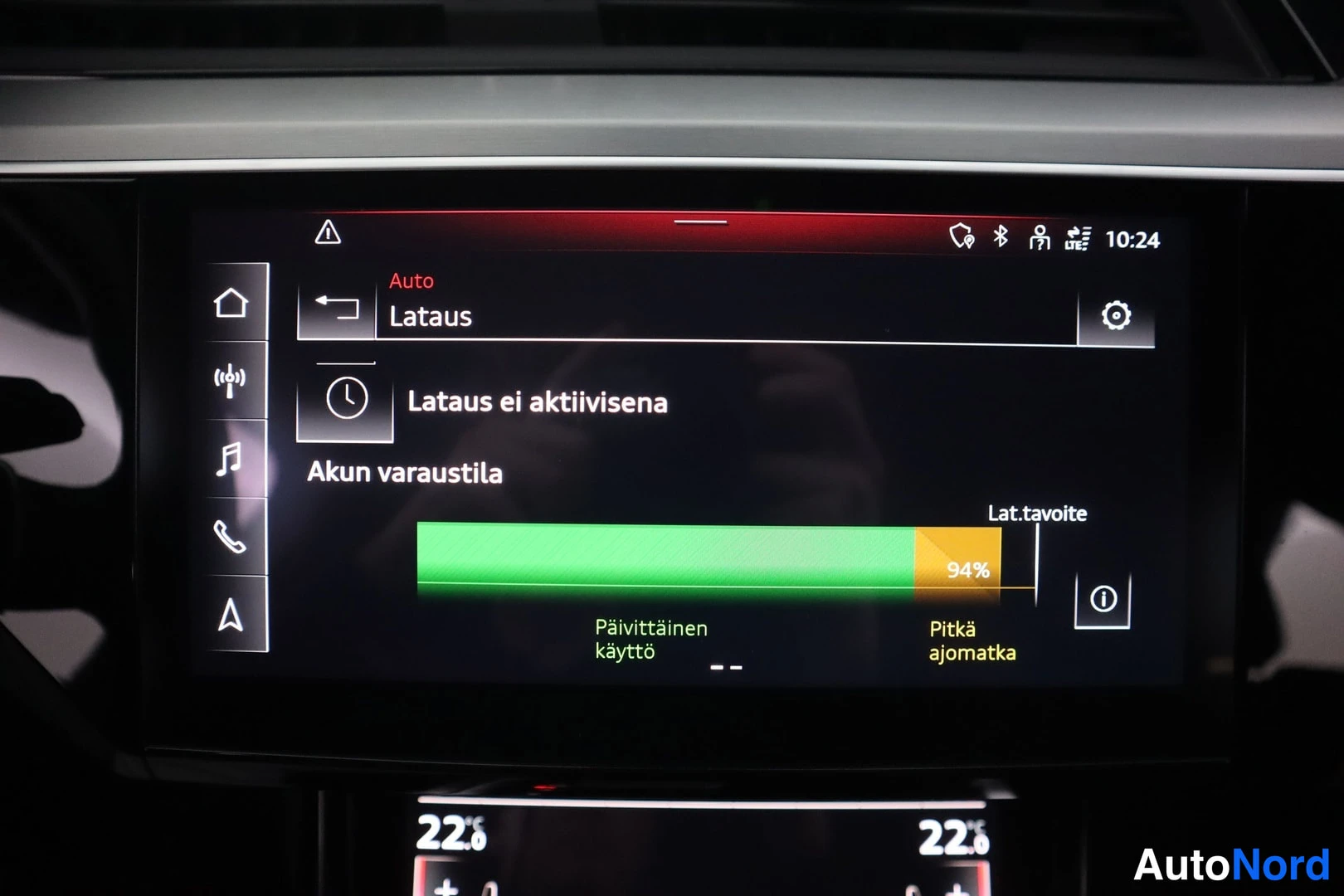 Muu: Audi e-tronin keskinäytön latausnäkymä: lataus ei aktiivisena, akun varaustila 94 %, lataustavoite pitkä ajomatka.