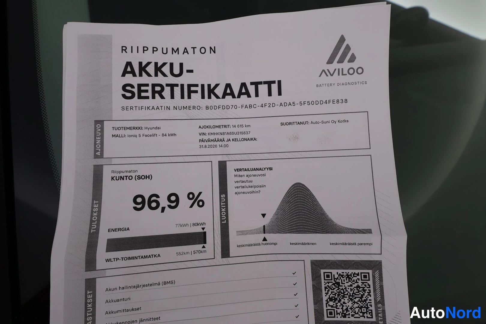 Yksityiskohta: Aviloon riippumaton akkusertifikaatti, kunto 96,9 %.