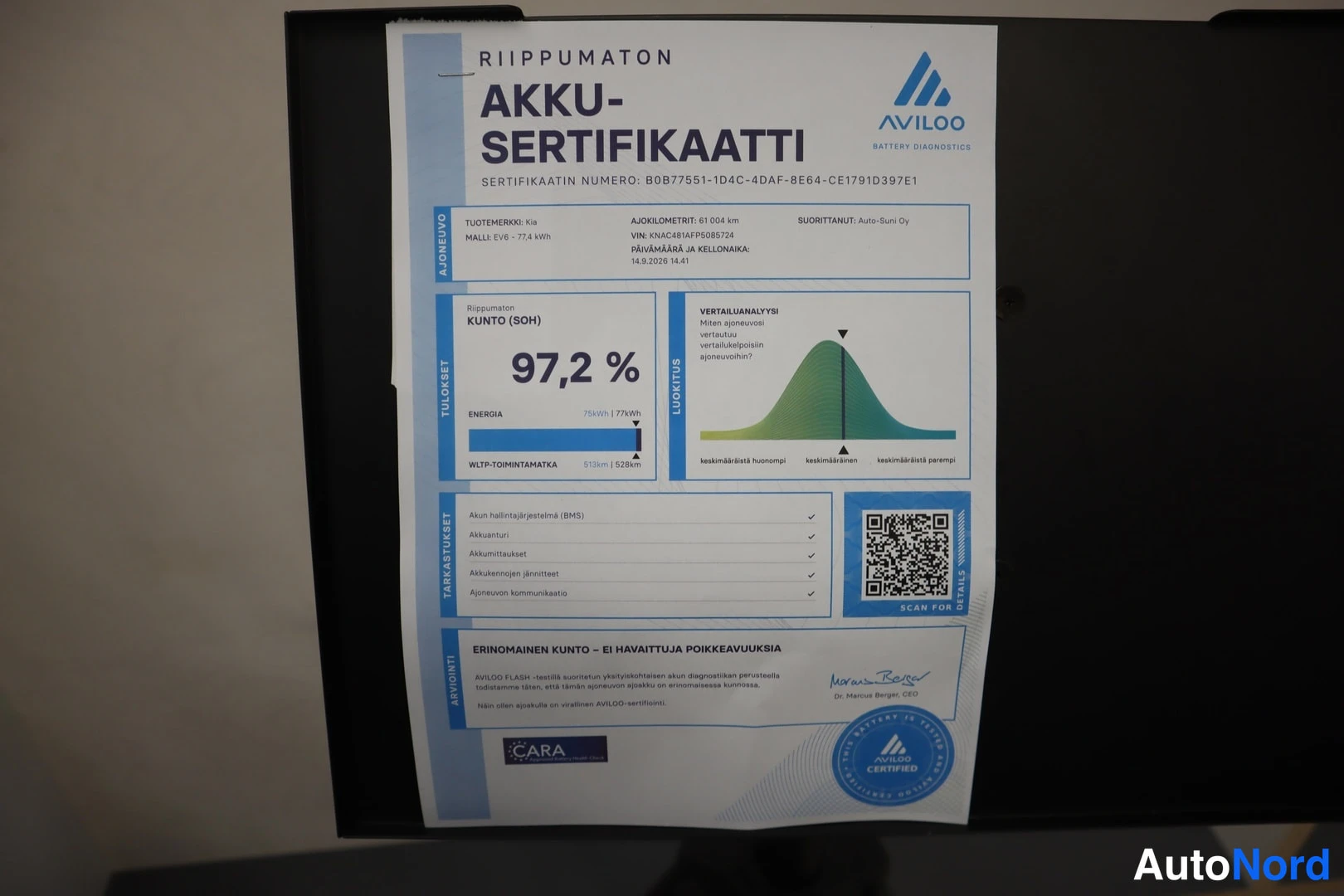 Muu: Avilon akkusertifikaatti ilmoittaa akun kunnoksi 97,2 %, ajettu 61 004 km, Kia EV6 77.4 kWh.