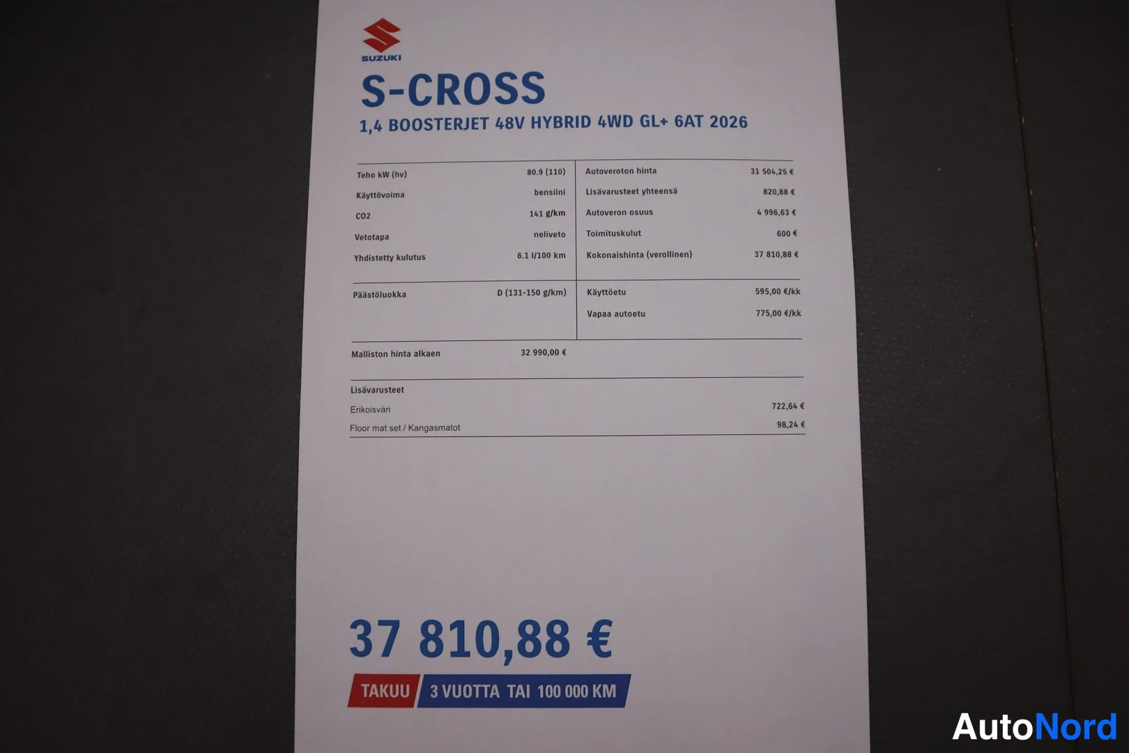 Asiakirja: Suzuki S-Cross 1,4 Boosterjet 48V Hybrid 4WD GL+ 6AT 2026 -hinnasto, kokonaishinta 37 810,88 €, takuu 3 vuotta tai 100 000 km.