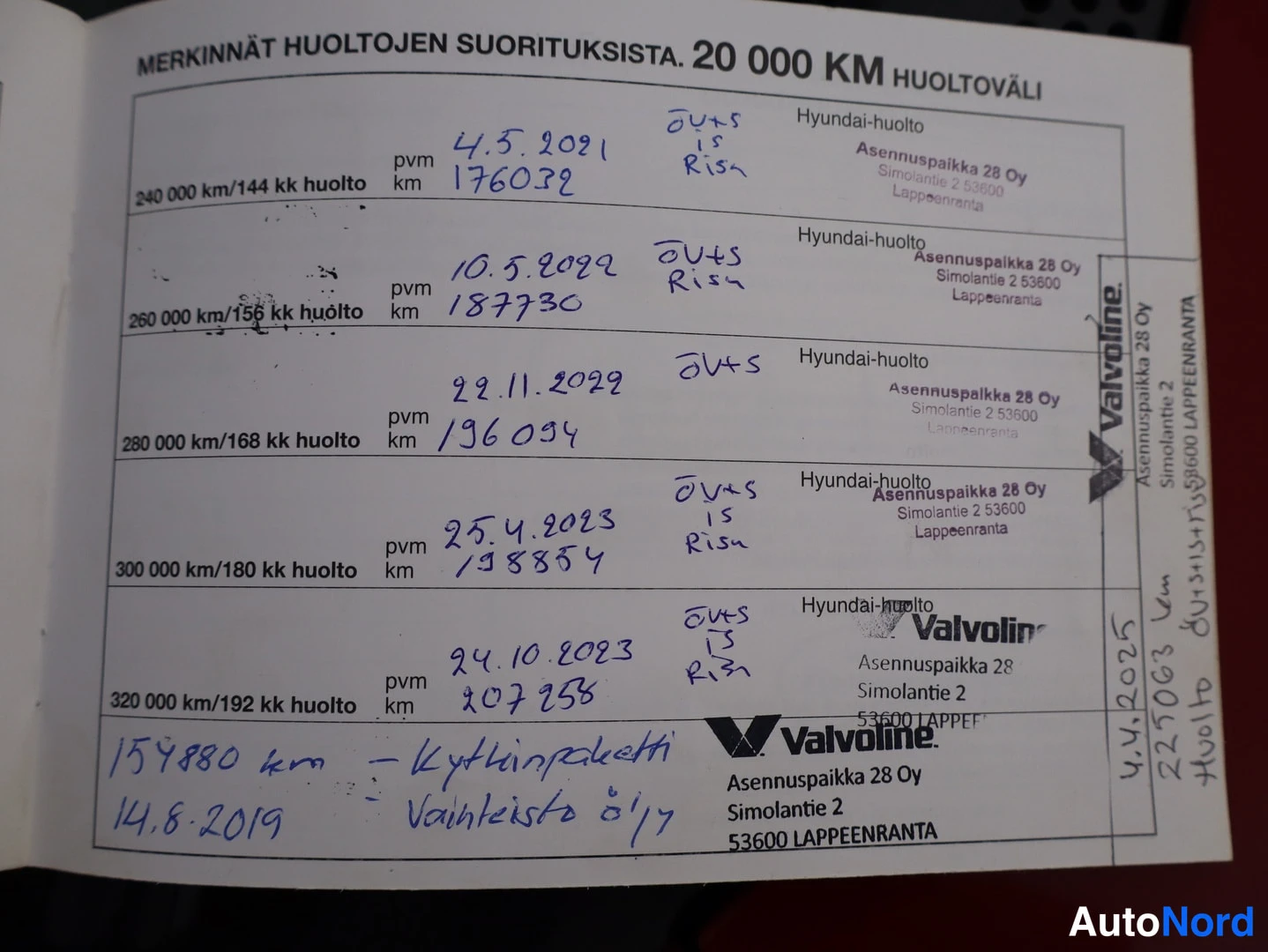 Muu: Huoltokirjan sivu otsikolla MERKINNÄT HUOLTOJEN SUORITUKSISTA. 20 000 KM HUOLTOVÄLI, käsinkirjoitetut huoltomerkinnät välillä 176032–207256 km vuosina 2021–2023
