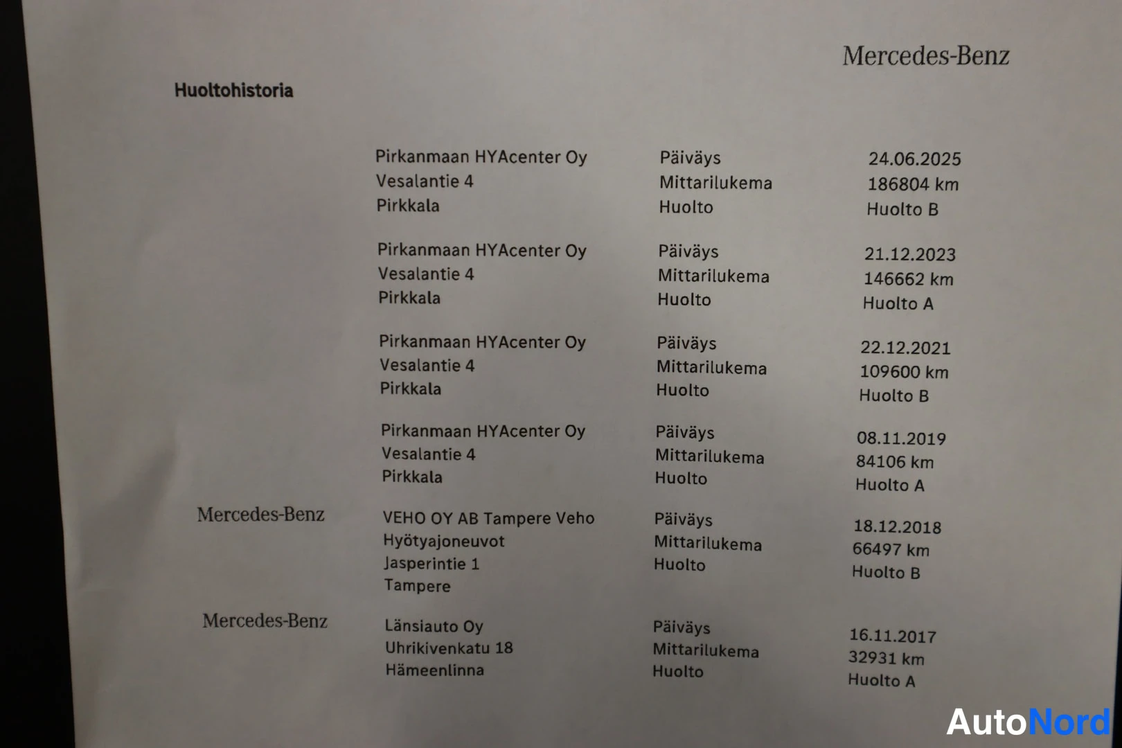 Yksityiskohta: Mercedes-Benzin huoltohistoria vuosilta 2017–2025, viimeisin huolto 24.06.2025.