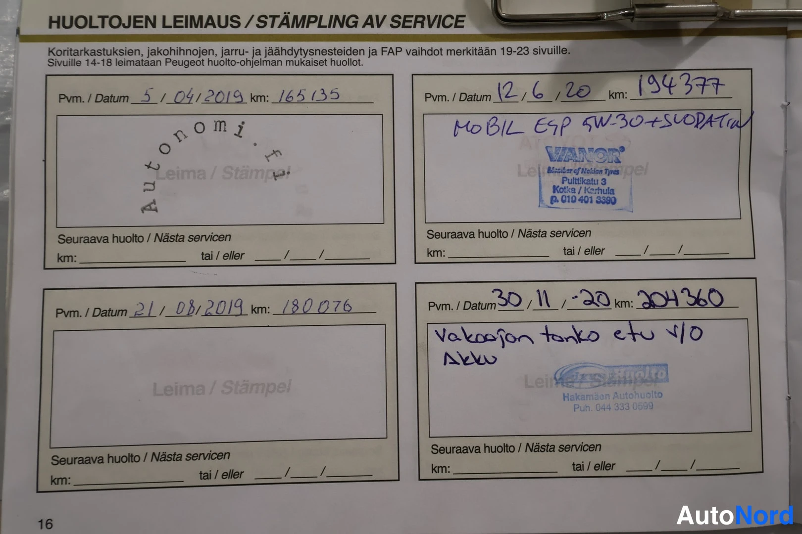 Muu: Huoltokirjan sivu 16 leimauksilla: 5.4.2019 km 165135, 12.6.2020 km 194377 (käsialalla MOBIL ESP 5W-30 + suodatin, Vanor-leima), 21.8.2019 km 180076 ja 30.11.20