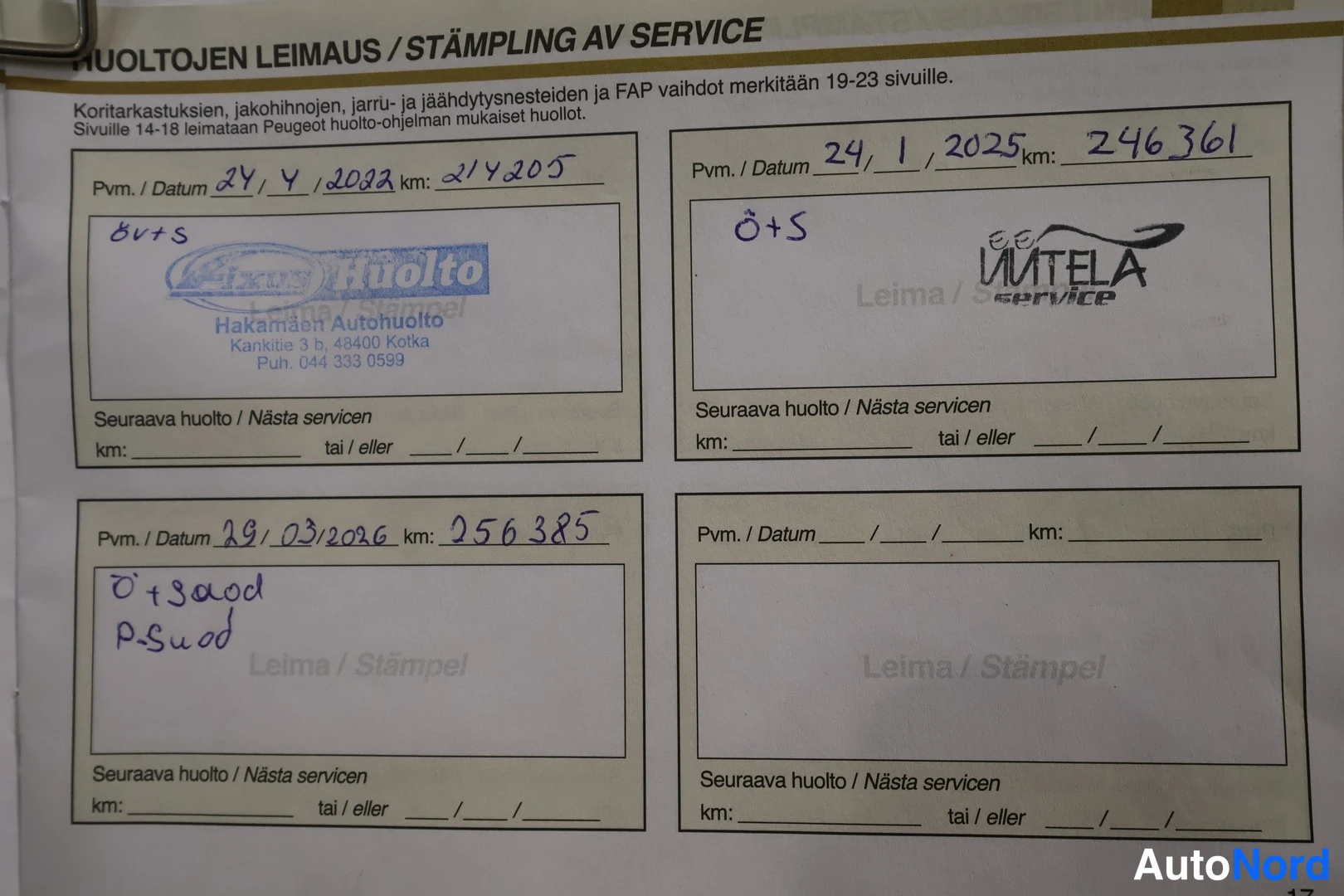 Muu: Huoltokirjan sivu 17 leimauksilla: 24.4.2023 km 214205 (Etre Huolto / Hakamaan Autohuolto -leima), 24.1.2025 km 246361 (Uutela Service -leima) ja 29.3.2026 km 2