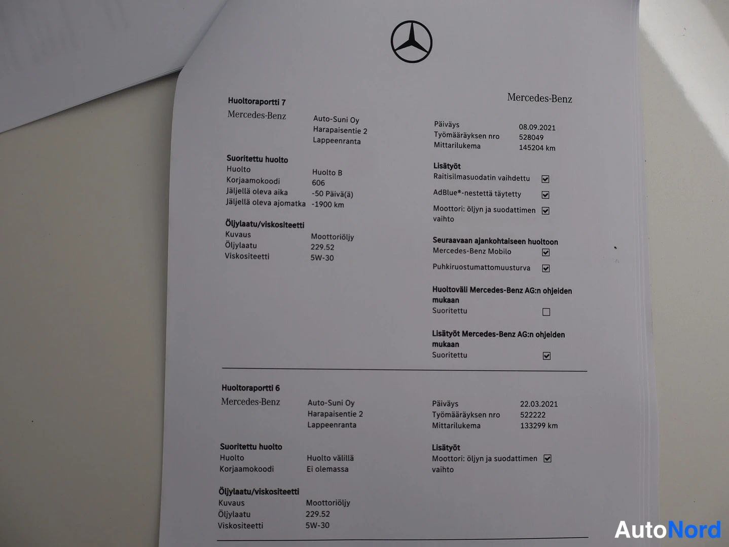 Muu: Huoltoraportti 7 ja 6 Mercedes-Benzille, Auto-Suni Oy, huolto 08.09.2021 mittarilukema 145204 km ja huolto 22.03.2021 mittarilukema 133299 km.