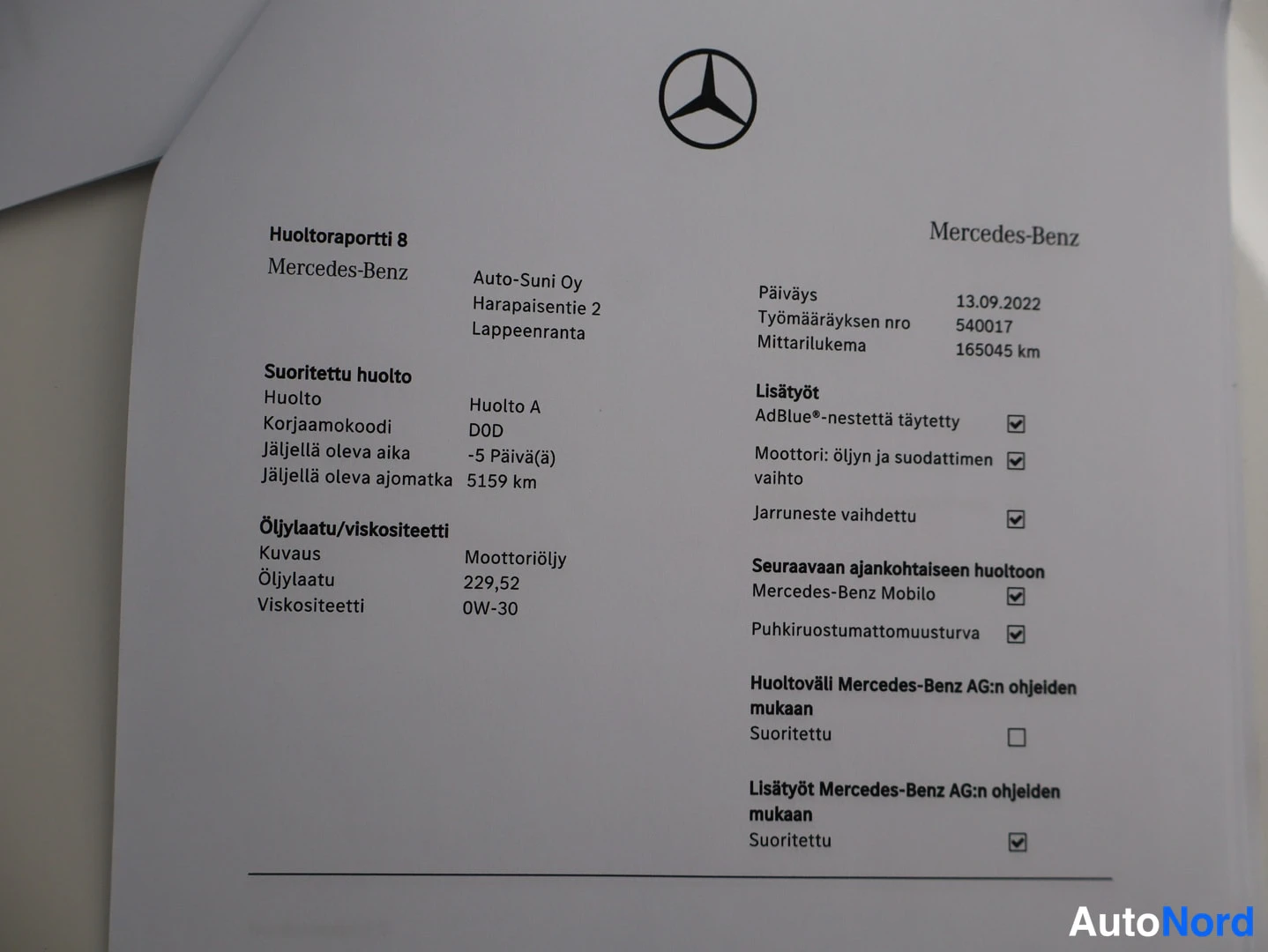 Muu: Huoltoraportti 8 Mercedes-Benzille, Auto-Suni Oy, Huolto A 13.09.2022 mittarilukema 165045 km.