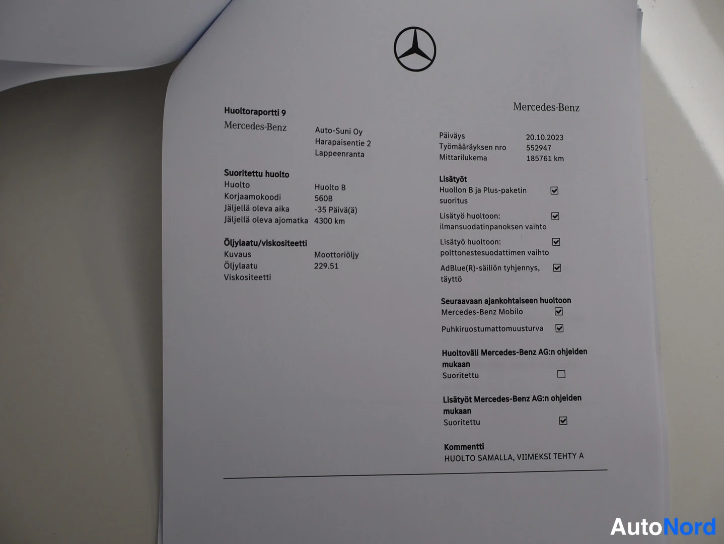 Muu: Huoltoraportti 9 Mercedes-Benzille, Auto-Suni Oy, Huolto B 20.10.2023 mittarilukema 185761 km.