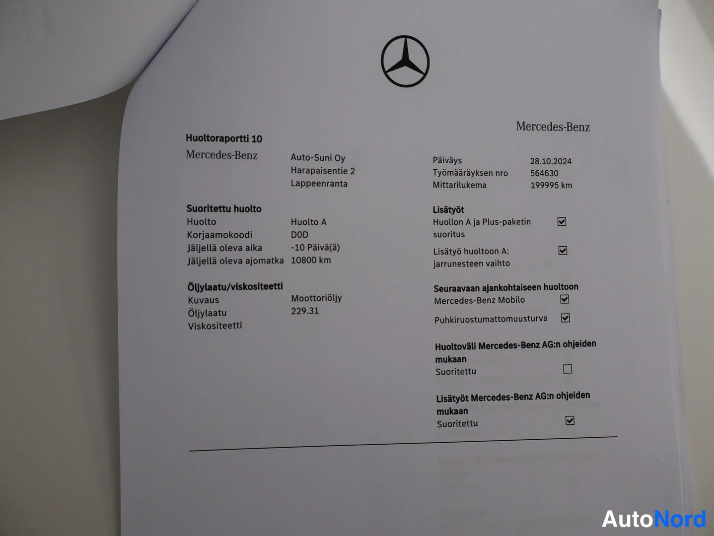 Muu: Huoltoraportti 10 Mercedes-Benzille, Auto-Suni Oy, Huolto A 28.10.2024 mittarilukema 199995 km.