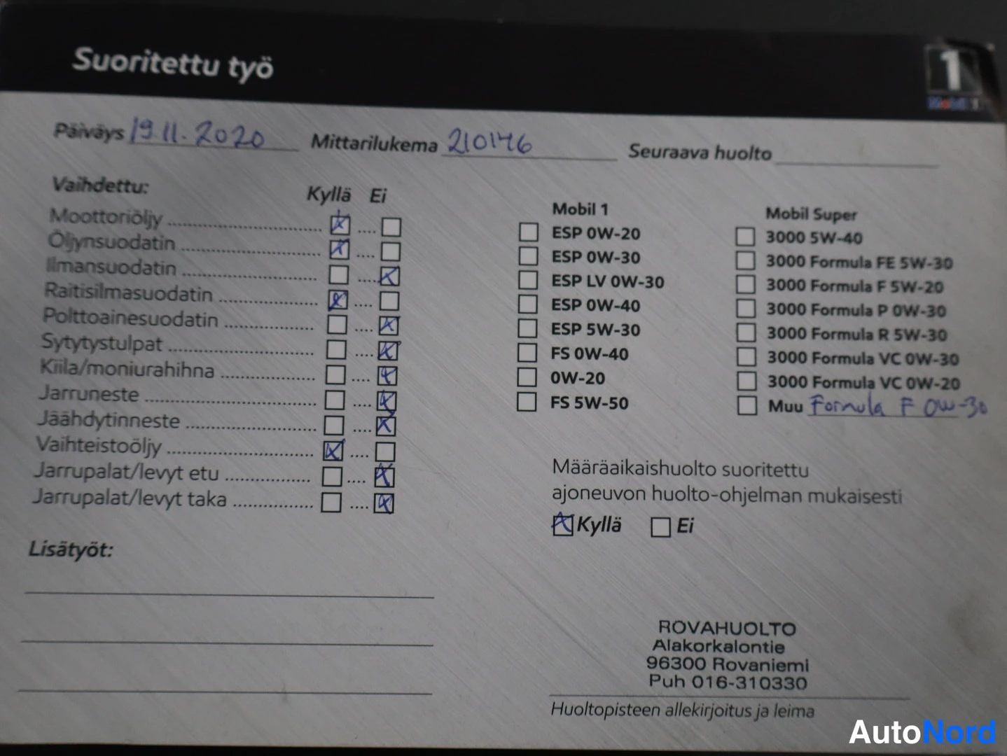 Asiakirja: Huolto-ohjelman sivu 'Suoritettu työ' päiväys 13.11.2020, mittarilukema 210146, huoltopiste Rovahulto Rovaniemi.