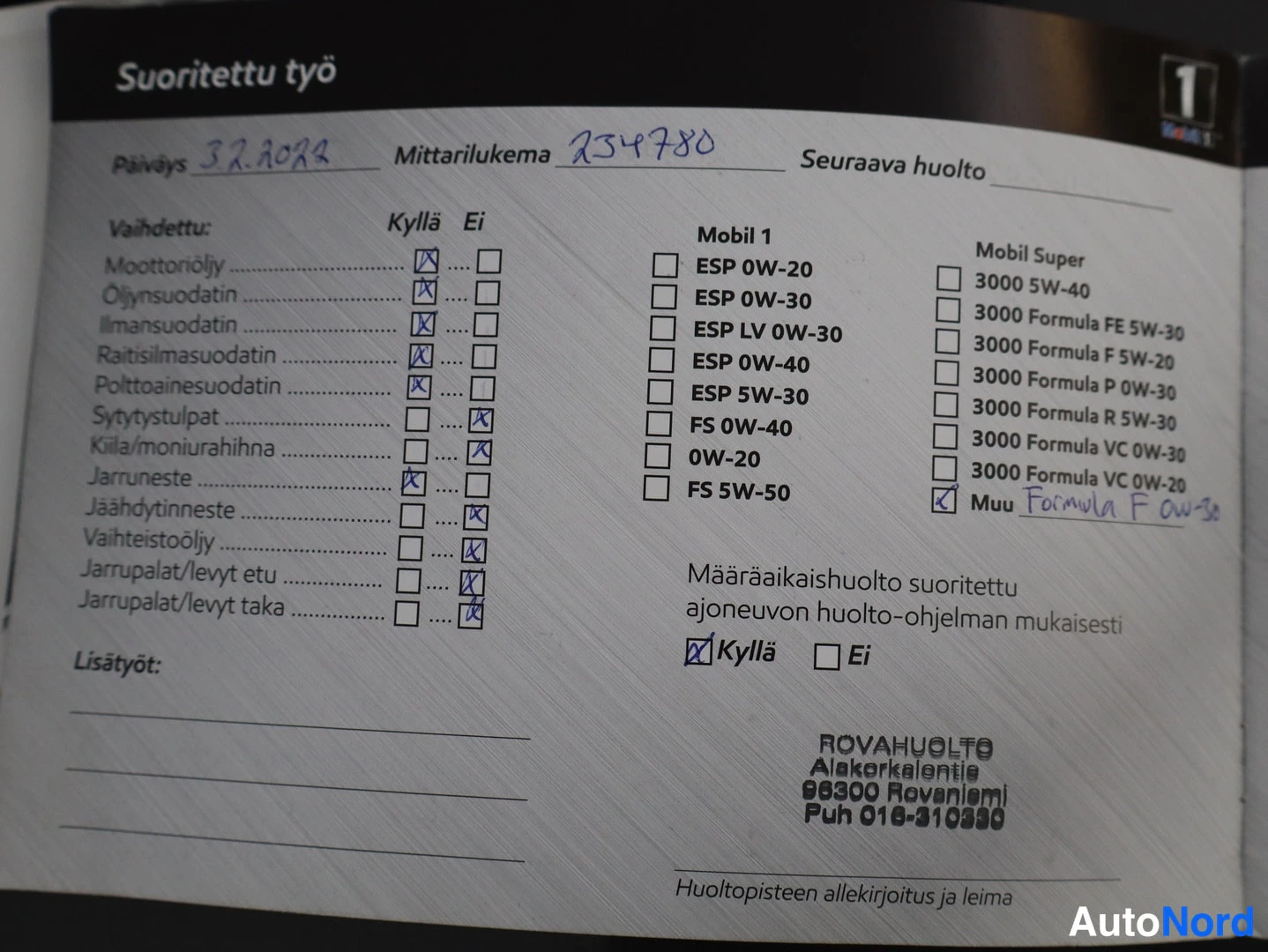 Asiakirja: Huolto-ohjelman sivu 'Suoritettu työ' päiväys 3.2.2021(?) mittarilukema 234780, huoltopiste Rovahulto Rovaniemi.