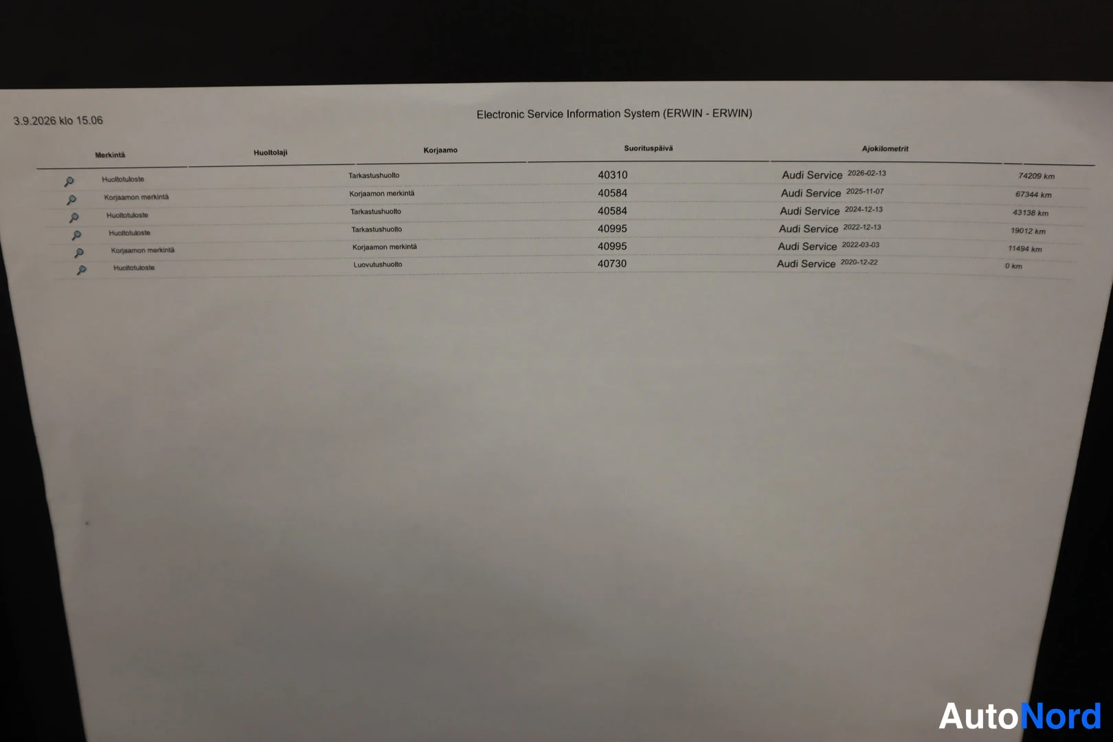 Muu: Paperinen huoltohistorialista tuloste (Electronic Service Information System - ERWIN), jossa luetellaan huollot, korjaamot, suorituspäivät ja ajokilometrit. Tul