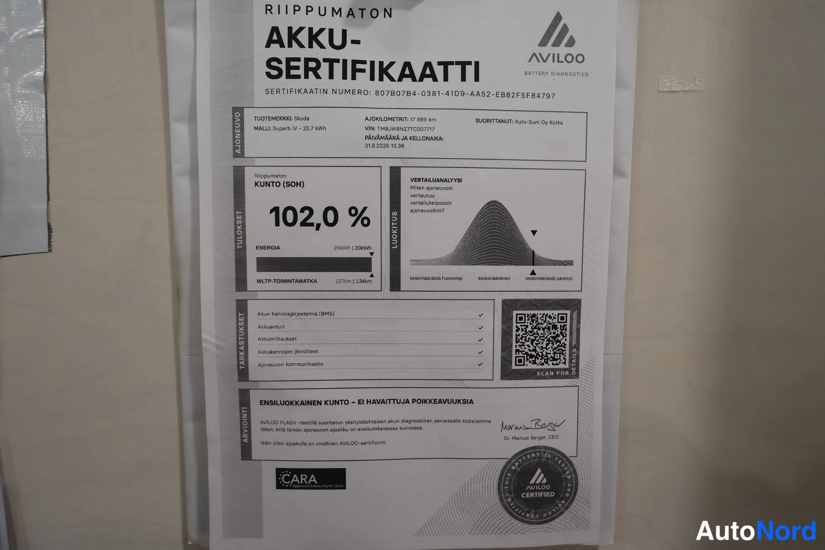 Asiakirja: Aviloo akkusertifikaatti, jossa lukema SOH 102,0 %