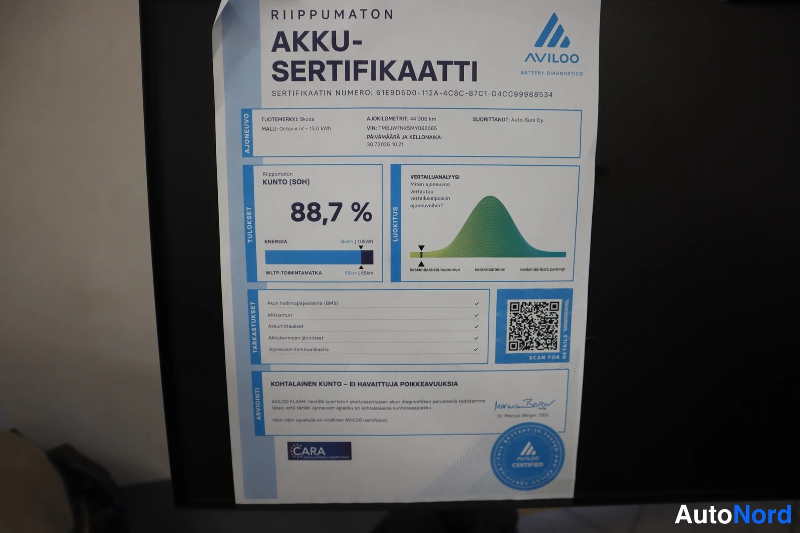 Yksityiskohta: Riippumaton AVILOO akkusertifikaatti: kunto (SOH) 88,7 %, ajettu 68 386 km, kohtalainen kunto eikä havaittuja poikkeavuuksia.